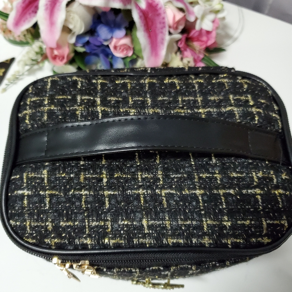 Black & Gold Shimmer Tweed Cosmetic Case, Crystal Brooch, New - Picture 4 of 5